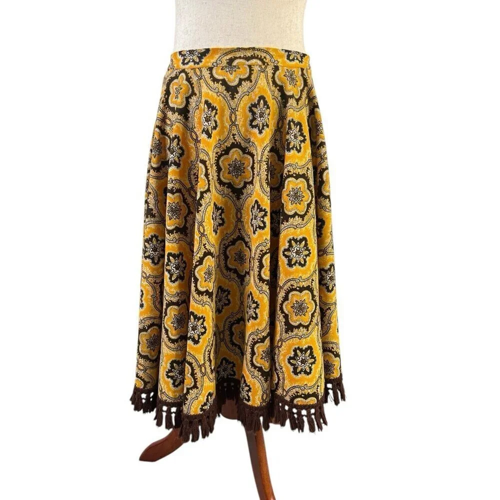 Vtg Midi Full Skirt Yellow Brown Tassels Waist 60s 70s Retro Talon Zipper